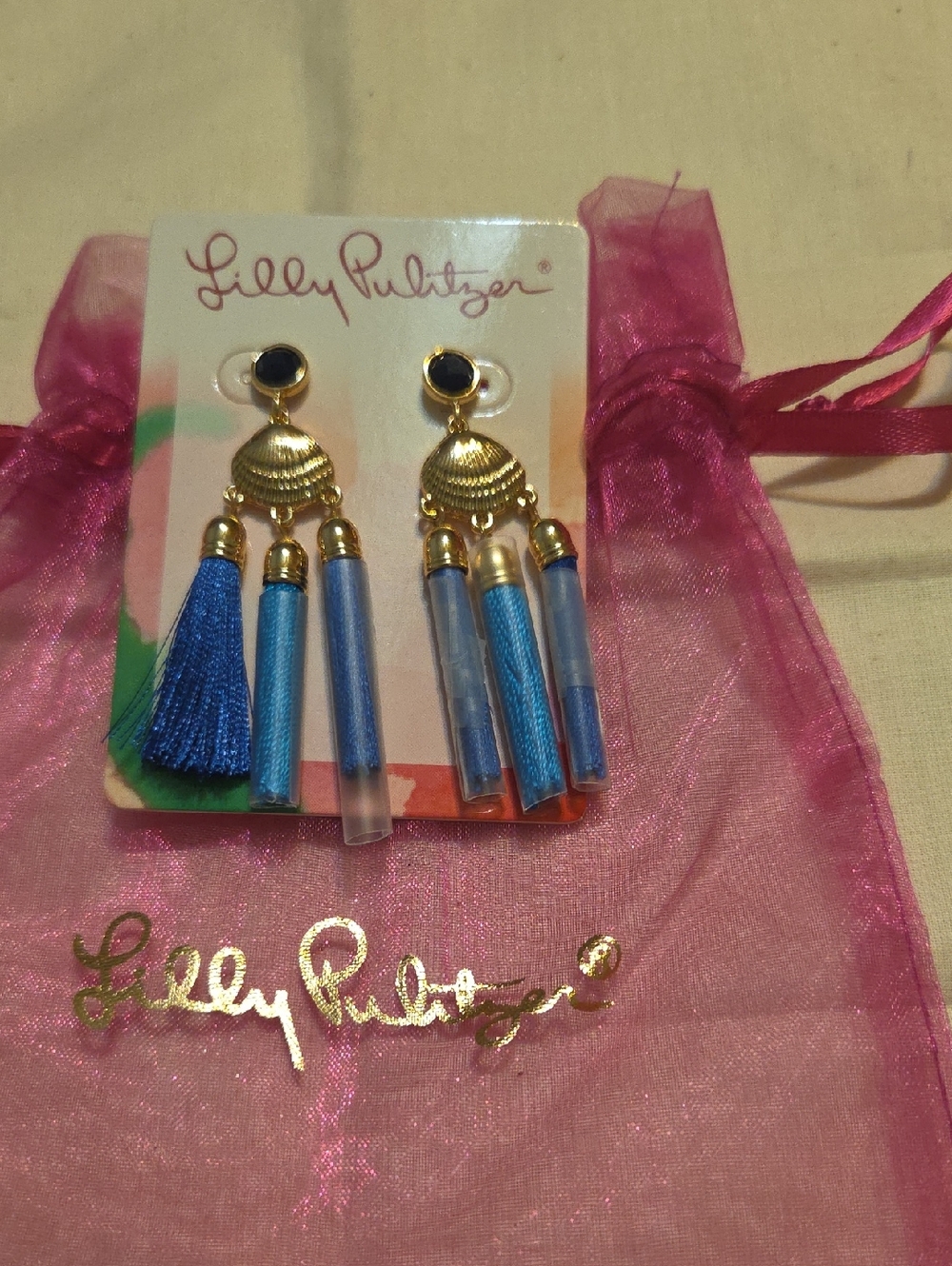 Lilly Pulitzer Blue and Gold Tassel Drop Earrings